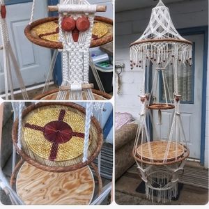*SOLD* 1970s Vintage 7ft two-tier Hanging owl Macrame Table/plant stand
